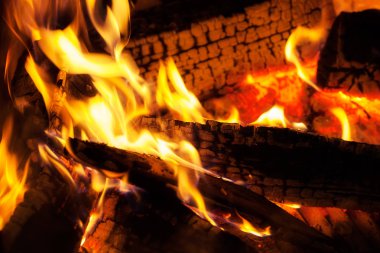 burning wooden logs in the fireplace, note shallow depth of field