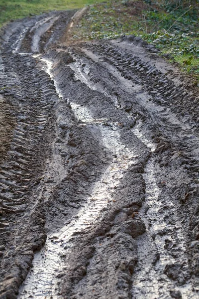 Modderig Pad Het Smelten Van Sneeuw Ondiepe Scherptediepte Noteren — Stockfoto