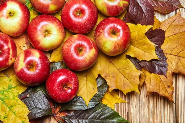 Cadeaux de la nature. Pommes et feuilles tombées sur une vieille table en bois. Nature en octobre et novembre . — Photo