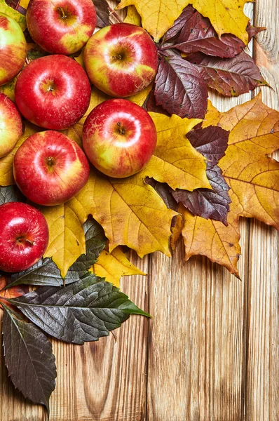 Дары природы. Яблоки и опавшие листья на старом деревянном столе. Природа в октябре и ноябре . — стоковое фото