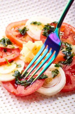 Güzel bahar salata domates, soğan, peynir ve yeşil giyinme. Büyük zarif tabağa yemek. Olağandışı yanardöner çatal bıçak takımı. Bir beslenme uzmanı sağlıklı bir diyet için lezzetli ve kolay yemek.