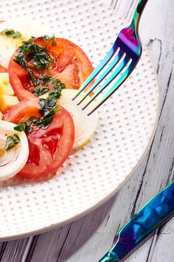 Güzel bahar salata domates, soğan, peynir ve yeşil giyinme. Büyük zarif tabağa yemek. Olağandışı yanardöner çatal bıçak takımı. Bir beslenme uzmanı sağlıklı bir diyet için lezzetli ve kolay yemek.