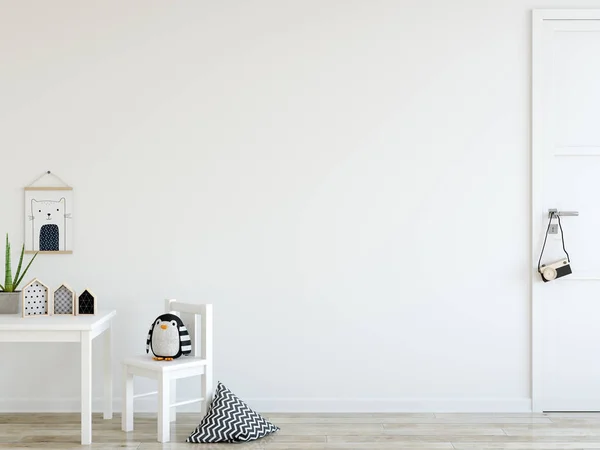 Κοροϊδεύετε τοίχο στο εσωτερικό δωμάτιο του παιδιού. Σκανδιναβική διακόσμηση. 3D rendering, 3d απεικόνιση — Φωτογραφία Αρχείου