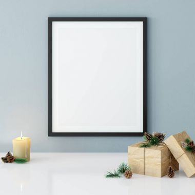 posterler oturma odası Noel iç alay. İç İskandinav tarzı. 3D render, 3d çizim