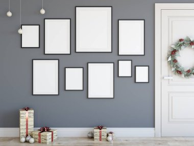 posterler oturma odası Noel iç alay. İç İskandinav tarzı. 3D render, 3d çizim