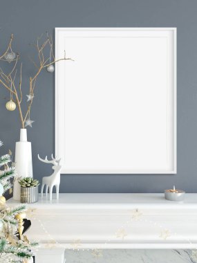 posterler oturma odası Noel iç alay. İç İskandinav tarzı. 3D render, 3d çizim