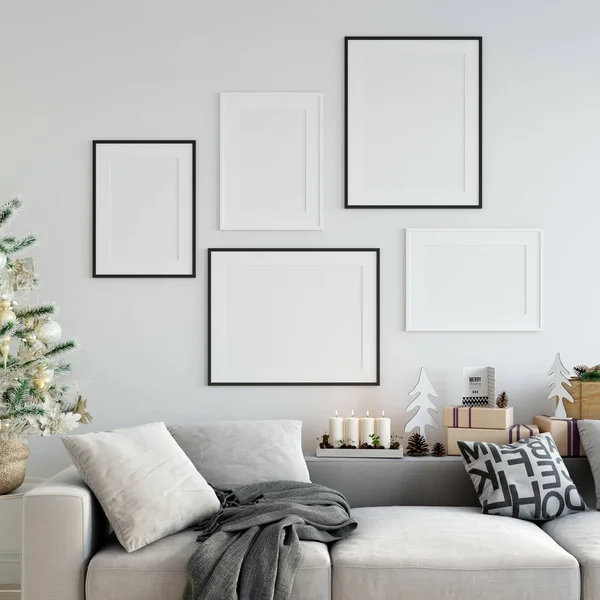 Κοροϊδεύετε αφίσες στο εσωτερικό χριστουγεννιάτικο σαλόνι. Σκανδιναβική διακόσμηση. 3D rendering, 3d απεικόνιση — Φωτογραφία Αρχείου