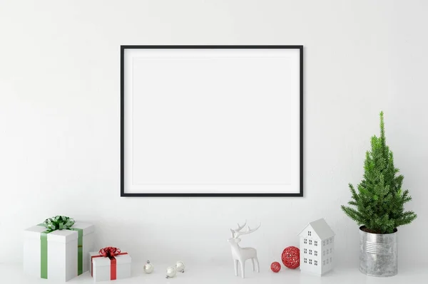 Posterler oturma odası Noel iç alay. İç İskandinav tarzı. 3D render, 3d çizim — Stok fotoğraf