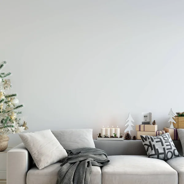Muur mock up kerst interieur. Scandinavische stijl. Kunst aan de muur. 3D-rendering, 3d illustratie — Stockfoto