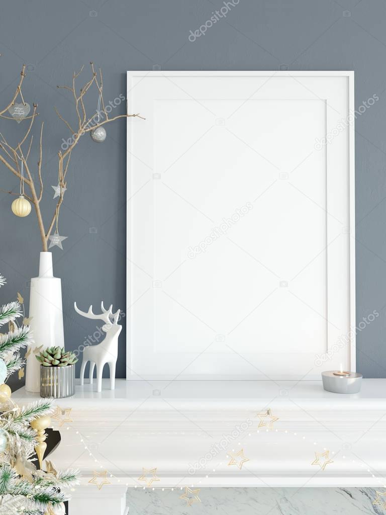 mock up posters in living room Christmas interior. Interior scandinavian style. 3d rendering, 3d illustration