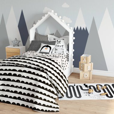 çocuk odası iç duvarında alay. İç İskandinav tarzı. 3D render, 3d çizim