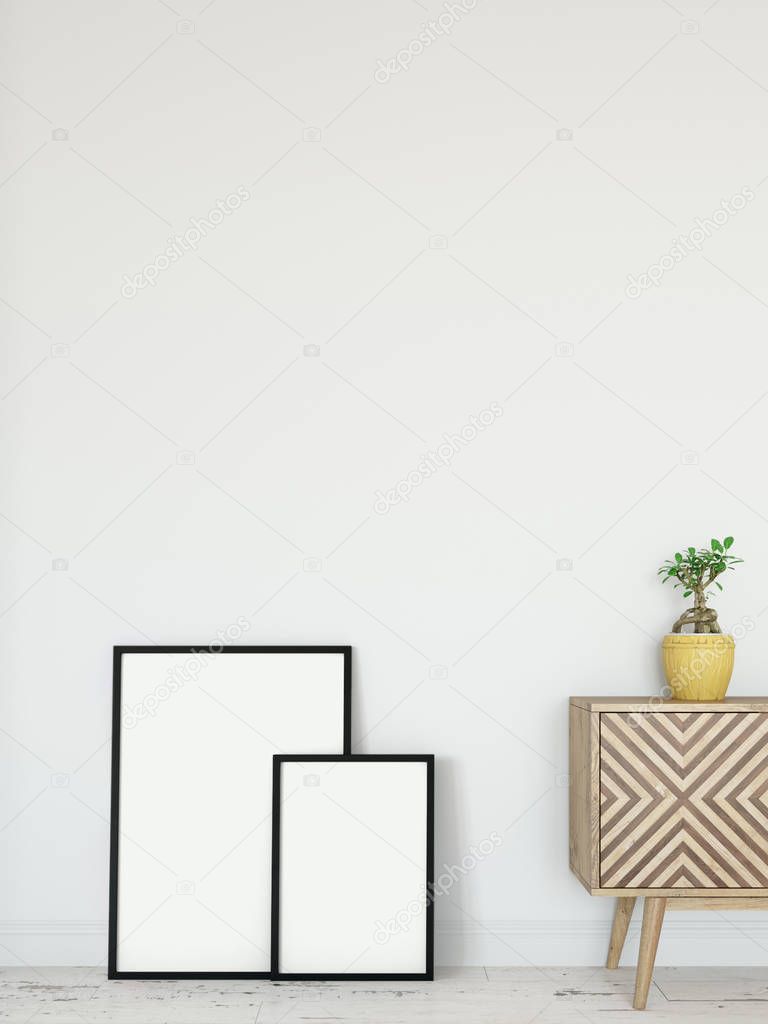 mock up posters in living room interior. Interior scandinavian style. 3d rendering, 3d. Frame mockups good to use for shop owners, artists, creative people, bloggers, who want to advertise or show their latest design!