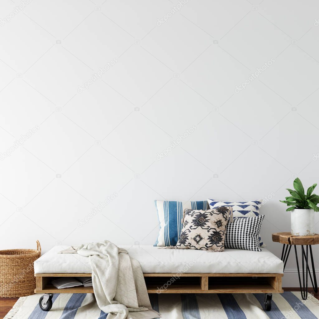 Wall mockup. Coastal Scandinavian interior style. 3d rendering, 3d illustration