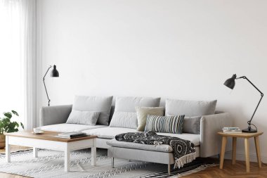 İskandinav iç mimarisinde duvar modeli. İç duvar maketi. Duvar sanatı 3d görüntüleme, 3d illüstrasyon