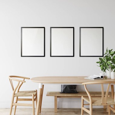 İskandinav iç mimarisinde çerçeve modeli. İç modelleme. 3d görüntüleme, 3d illüstrasyon