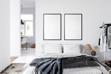İskandinav iç mimarisinde çerçeve modeli. İç modelleme. 3d görüntüleme, 3d illüstrasyon