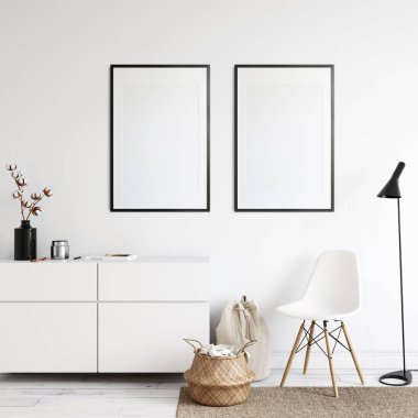 İskandinav iç mimarisinde çerçeve modeli. İç modelleme. 3d görüntüleme, 3d illüstrasyon