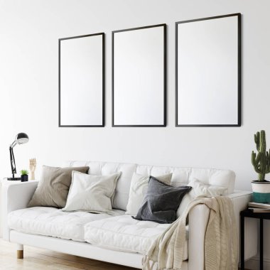 İskandinav iç mimarisinde çerçeve modeli. İç modelleme. 3d görüntüleme, 3d illüstrasyon