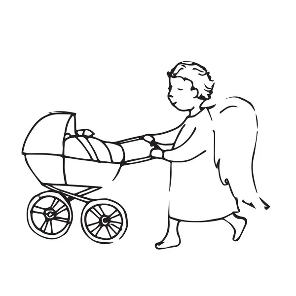 küçük şirin bir bebek arabası ile melek adam