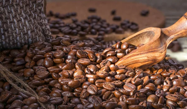 Trä spatel vinner färskt rostat kaffe — Stockfoto