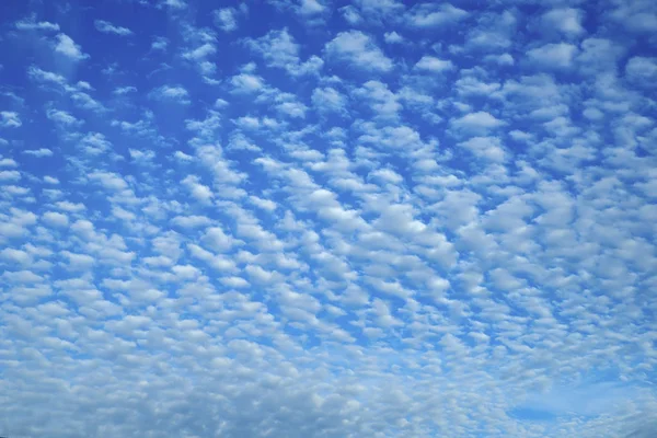 Céu bonito azul com nuvens de neve branca de diferentes formas, fundo . — Fotografia de Stock