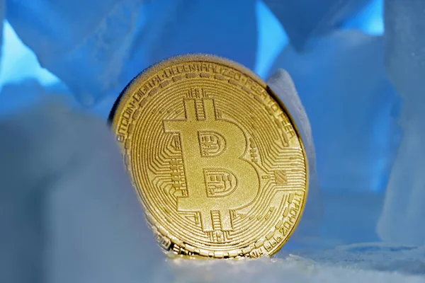 Заморожені Крипто Валюти Bitcoin Обличчя Аверс Стенди Оточенні Синій Льоду — стокове фото