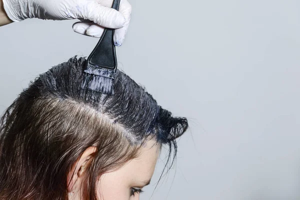 Woman Hairdresser Applies Paint Brush Her Hair Girl — Stock Photo, Image