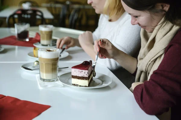 Two friends communicate with food, drink coffee and eat cake.