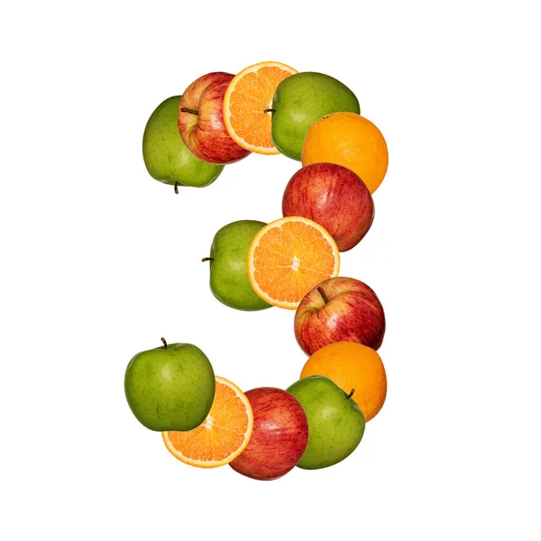 Numeral Três Frutas Multi Coloridas Colagem Isolada Fundo Branco Imagem De Stock