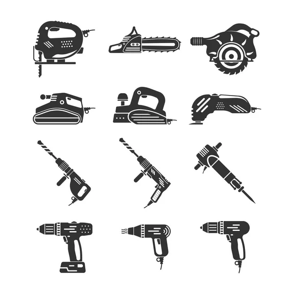 Conjunto de herramientas eléctricas y de gasolina en stil blanco y negro — Vector de stock