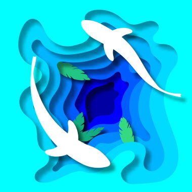 Kağıt kesiği şeklinde su altı. Balık, yosun ve su siluetleri. Renk arkaplanındaki vektör katmanlı izole resimleme.