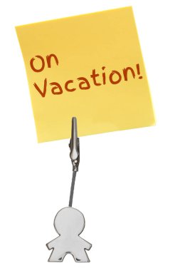 Adam şekil iş kart sahibi ile sarı kağıt Not üzerinde tatil