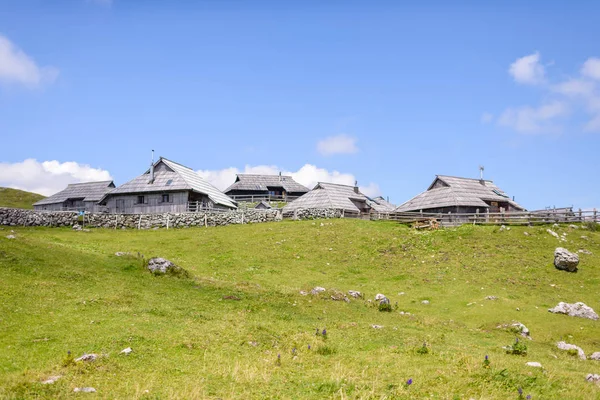 Plateau Velika planina, Slovénie, Village de montagne dans les Alpes, Maisons en bois de style traditionnel, destination de randonnée populaire — Photo