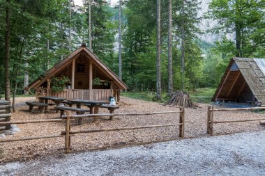 Dağ kabin, kömür Burner evde Avrupa Alpleri, Logarska Vadisi, Slovenya
