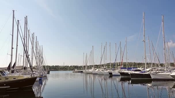 Yates y barcos aparcados en el puerto, amanecer, mañana — Vídeos de Stock
