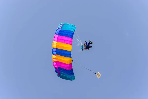 Skydiver tandem with parachute open landing — Stock Photo, Image