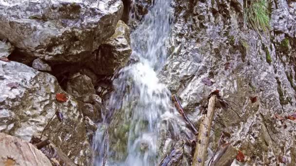 Close up de cachoeira, água caindo sobre pedras em câmera lenta, córregos caindo sobre rochas, salpicos, pequena corrente de montanha — Vídeo de Stock