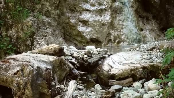 Close up de cachoeira, água caindo sobre pedras em câmera lenta, córregos caindo sobre rochas, salpicos, pequena corrente de montanha — Vídeo de Stock