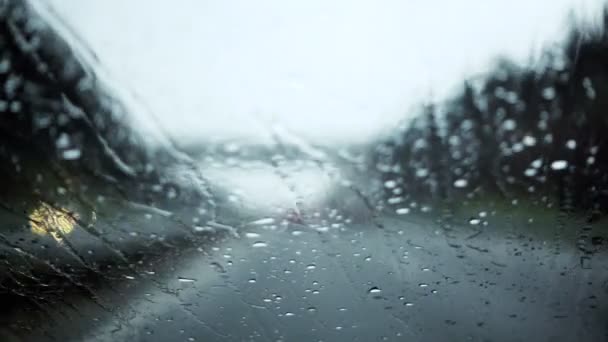 Gocce di pioggia schizza sul parabrezza durante la tempesta di pioggia, condizioni di guida difficili — Video Stock