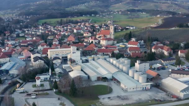 Промисловий район у невеликому містечку в Європі, завод у місті Словенська бістриця, нафтопереробний завод, вигляд з повітря на нафтопереробний завод та харчову промисловість. — стокове відео