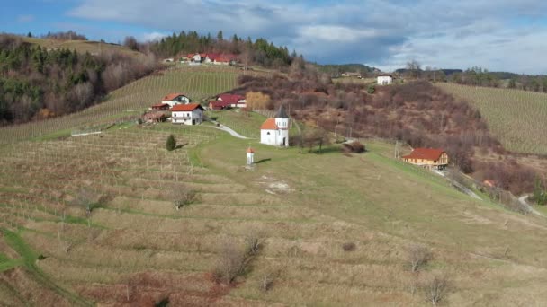 Kovaca vas região vitícola perto de Slovenska Bistrica, Eslovénia, vista aérea de vinhas, uma igreja e campo rural na Europa Central — Vídeo de Stock