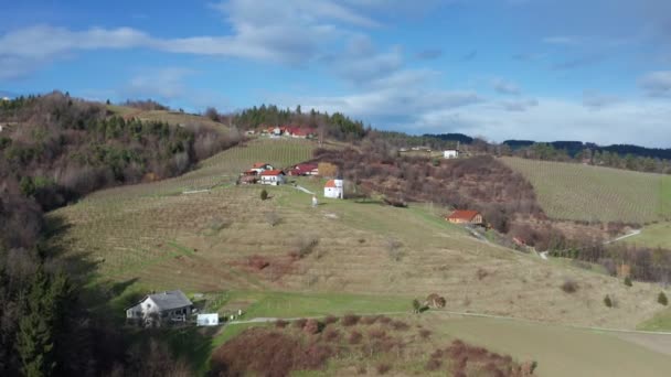 Pohorje borút, turisztikai látványosságok közelében Slovenska Bistrica festői táj, szőlőskertek és borászati helyszínek, légi kilátás nyílik a táj Szlovéniában — Stock videók
