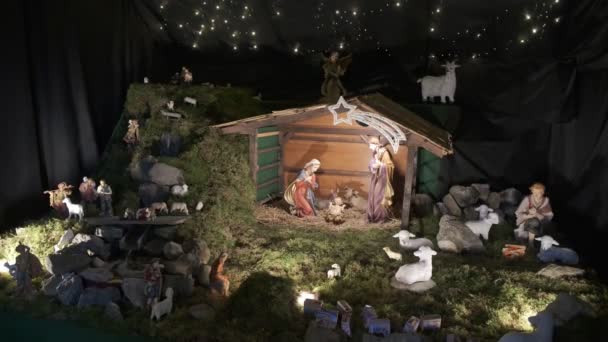 Belén de Navidad, pesebre de Navidad, historia bíblica del nacimiento de Jesús, disparo constante — Vídeos de Stock