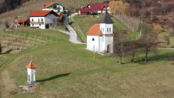 Виноградник и часовня на склоне горы Погорье, недалеко от Словенской Бистрицы, Словения, сельская местность поздней осенью, вид с воздуха — стоковое видео