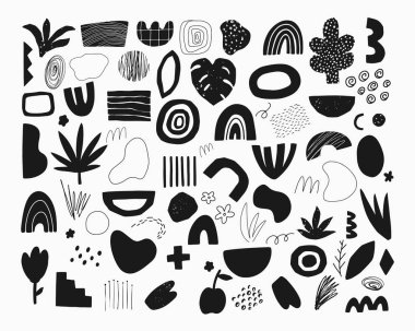 El çizimi soyut vektör karalama elementleri. Çağdaş biçimde el çizimi şekiller, nesneler ve dokular.