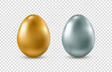 Şeffaf arkaplanda vektör altın ve gümüş gerçekçi Paskalya yumurtaları.