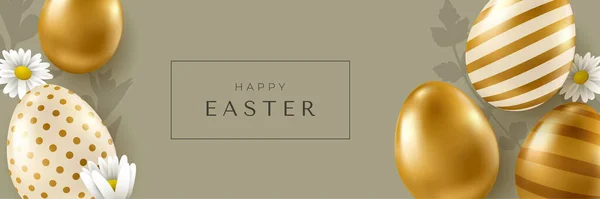 Пасхальное Знамя Реалистичные Векторные Золотые Яйца Счастливая Пасхальная Типография — стоковый вектор