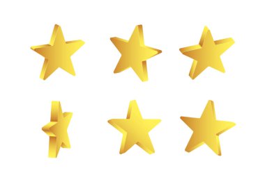 Beyaz arka planda izole edilmiş parlak altın renkli 3D yıldızlar. Vektör.