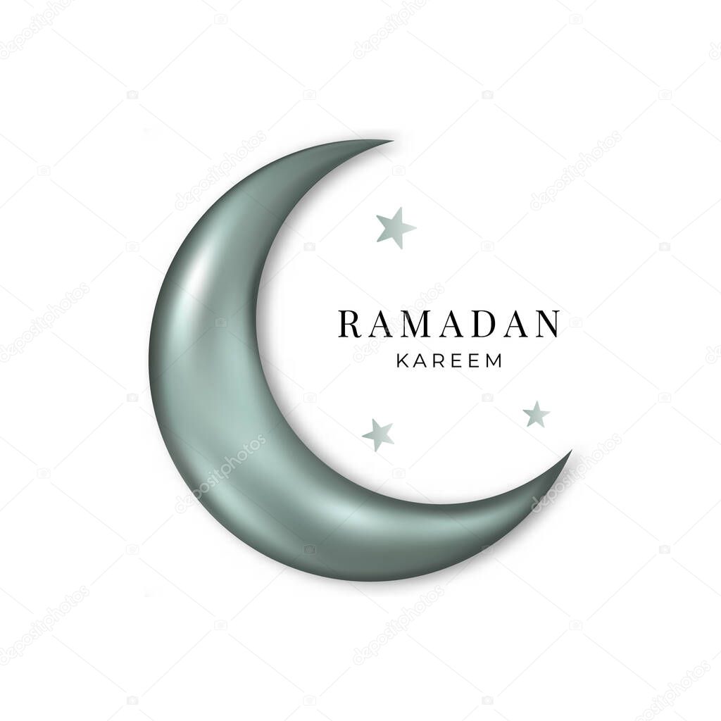 Ramadan Kareem. Silver 3d moon and stars isolated on white background. Vector.