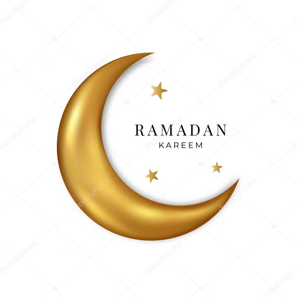 Ramadan Kareem. Gold 3d moon and stars isolated on white background. Vector.